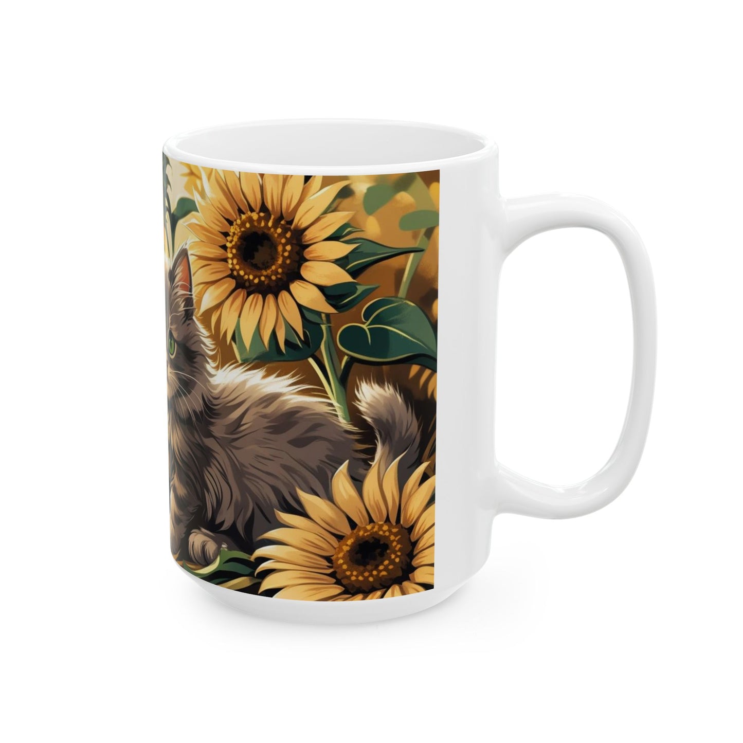 Cozy Cat Ceramic Mug | Perfect Gift for Cat Lovers | Sunflower Design | Coffee, Tea, Hot Cocoa, Birthday, Home Decor