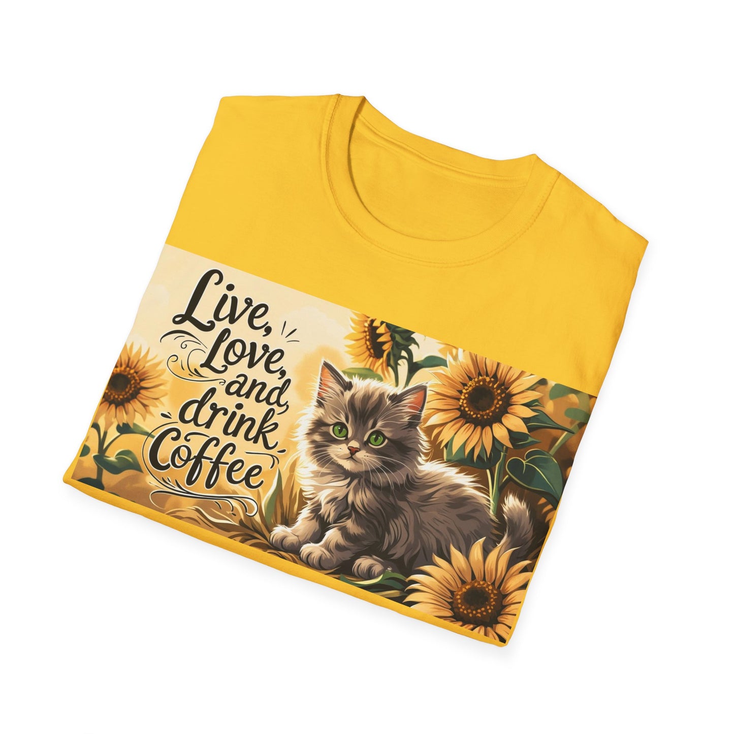Cute Cat Coffee Lover T-Shirt, Live Love Drink Coffee Shirt, Pet Lover Tee, Gift for Cat Moms, Vintage Style Coffee T-Shirt
