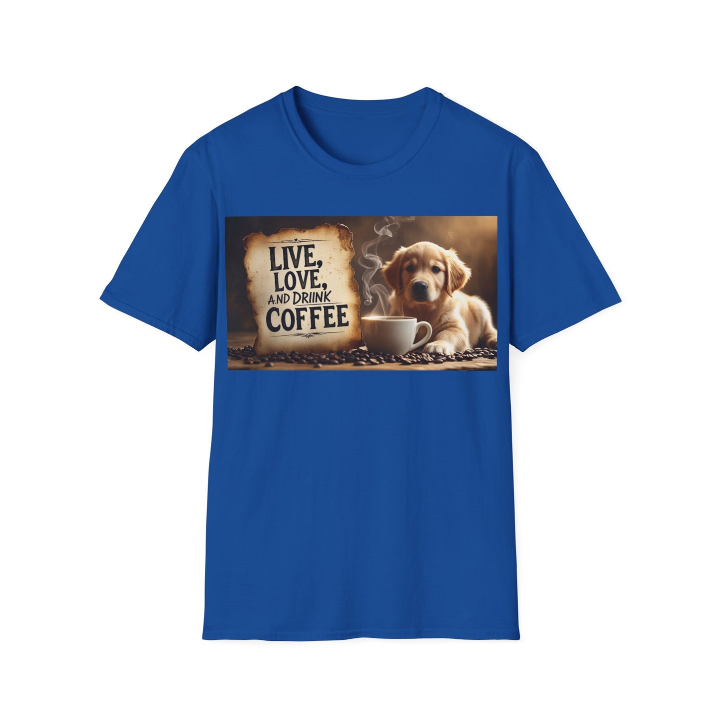 Coffee Lover's Unisex T-Shirt - Live, Love, Drink Coffee tee, Gift for Coffee Enthusiasts, Dog Lovers Apparel, Cute Animal Shirt