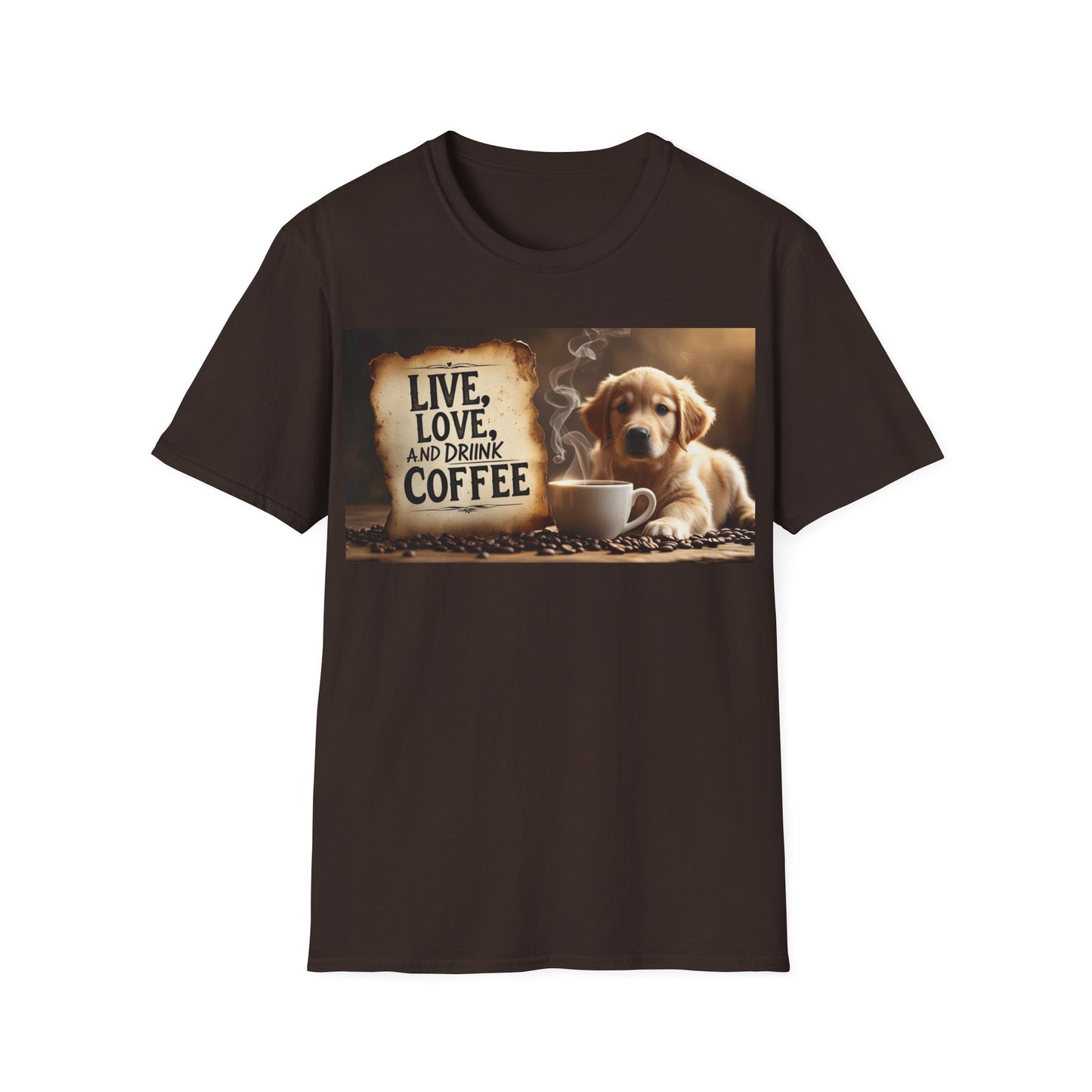 Coffee Lover's Unisex T-Shirt - Live, Love, Drink Coffee tee, Gift for Coffee Enthusiasts, Dog Lovers Apparel, Cute Animal Shirt