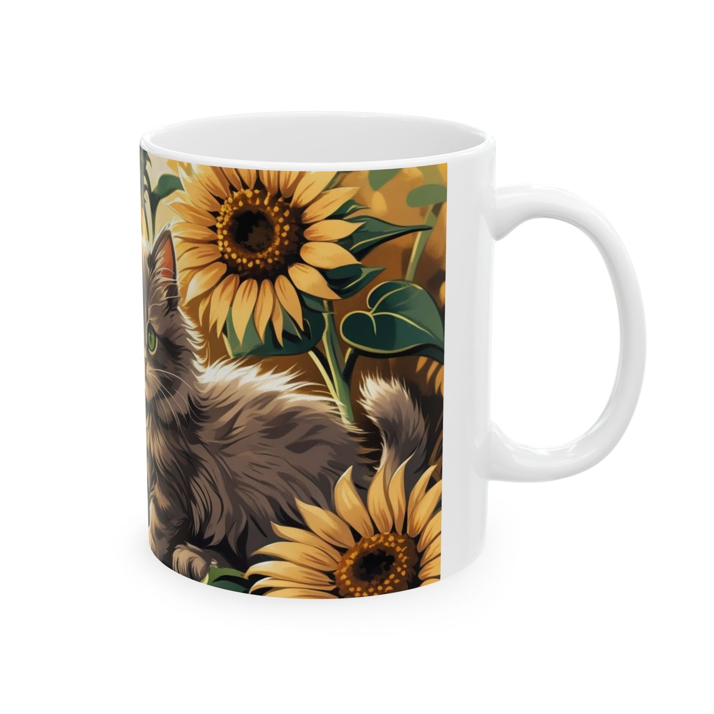 Cozy Cat Ceramic Mug | Perfect Gift for Cat Lovers | Sunflower Design | Coffee, Tea, Hot Cocoa, Birthday, Home Decor