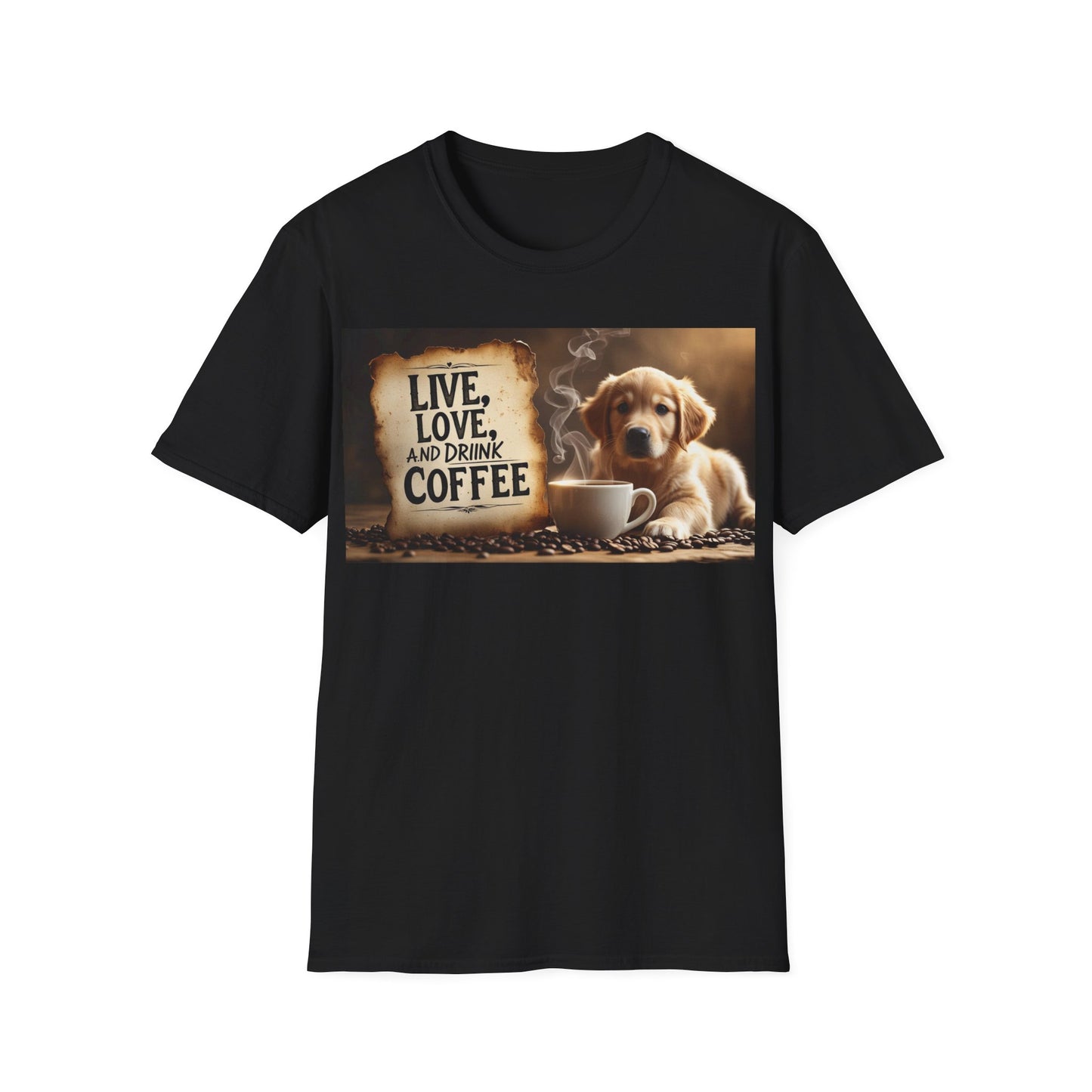 Coffee Lover's Unisex T-Shirt - Live, Love, Drink Coffee tee, Gift for Coffee Enthusiasts, Dog Lovers Apparel, Cute Animal Shirt
