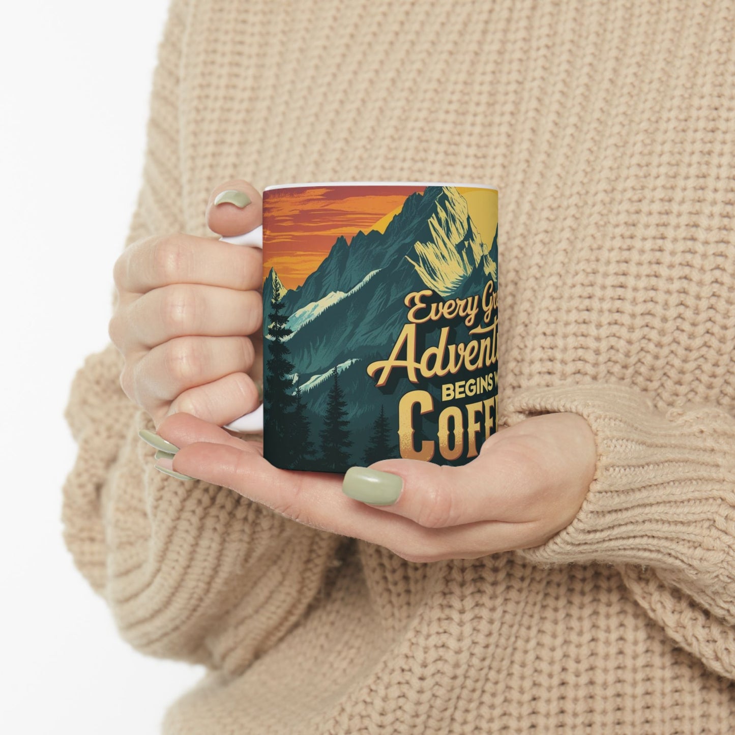 Adventure-Themed Ceramic Mug for Coffee Lovers, Great Gift for Friends, Nature Enthusiasts, Hiking Buddies, Camping Supplies