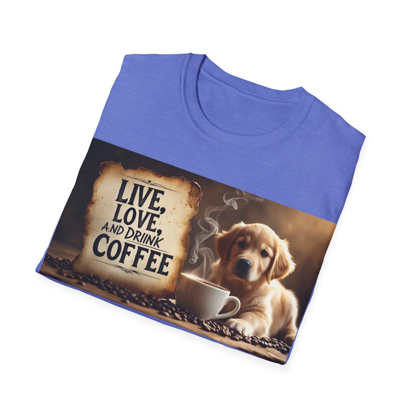 Coffee Lover's Unisex T-Shirt - Live, Love, Drink Coffee tee, Gift for Coffee Enthusiasts, Dog Lovers Apparel, Cute Animal Shirt