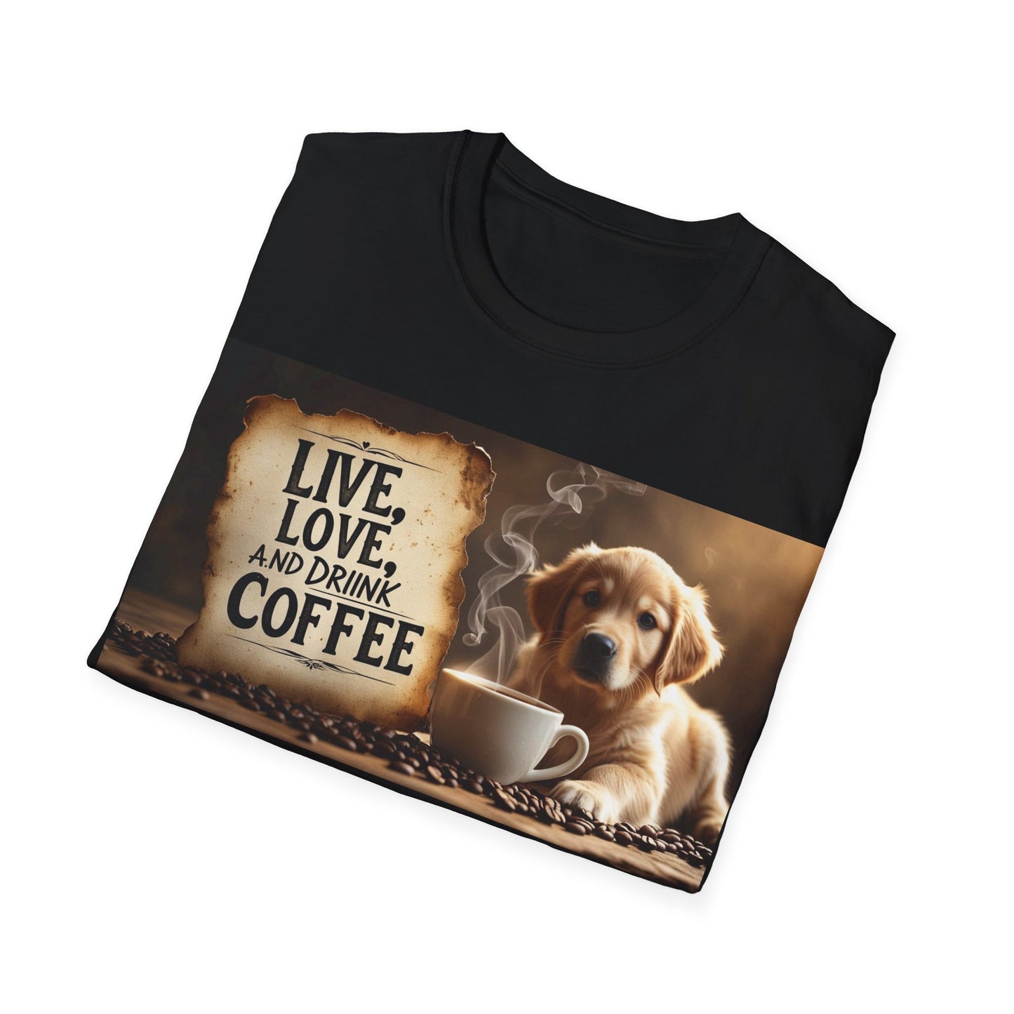 Coffee Lover's Unisex T-Shirt - Live, Love, Drink Coffee tee, Gift for Coffee Enthusiasts, Dog Lovers Apparel, Cute Animal Shirt