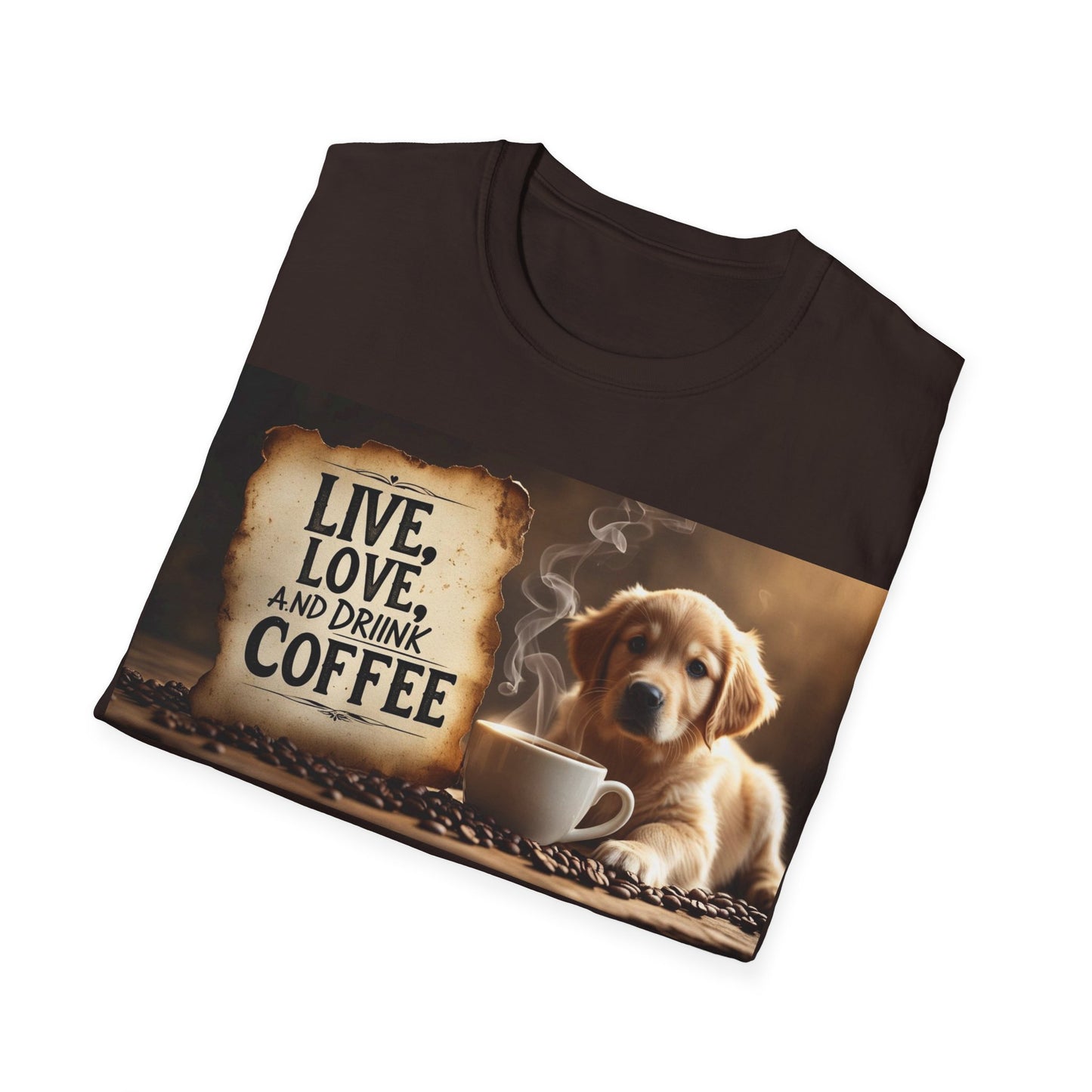 Coffee Lover's Unisex T-Shirt - Live, Love, Drink Coffee tee, Gift for Coffee Enthusiasts, Dog Lovers Apparel, Cute Animal Shirt