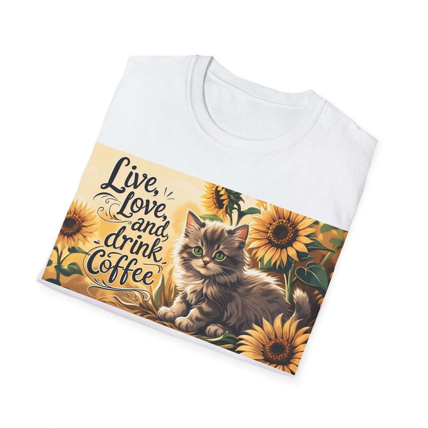 Cute Cat Coffee Lover T-Shirt, Live Love Drink Coffee Shirt, Pet Lover Tee, Gift for Cat Moms, Vintage Style Coffee T-Shirt