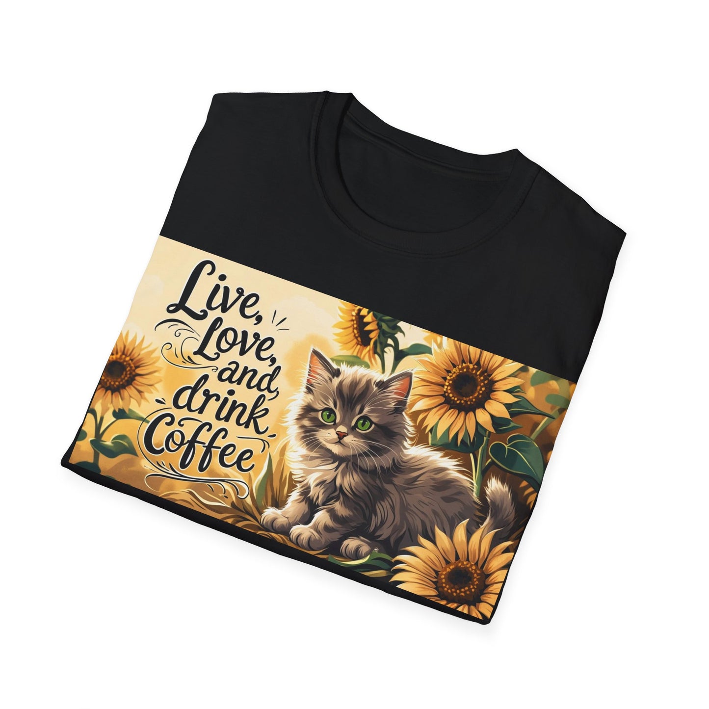 Cute Cat Coffee Lover T-Shirt, Live Love Drink Coffee Shirt, Pet Lover Tee, Gift for Cat Moms, Vintage Style Coffee T-Shirt