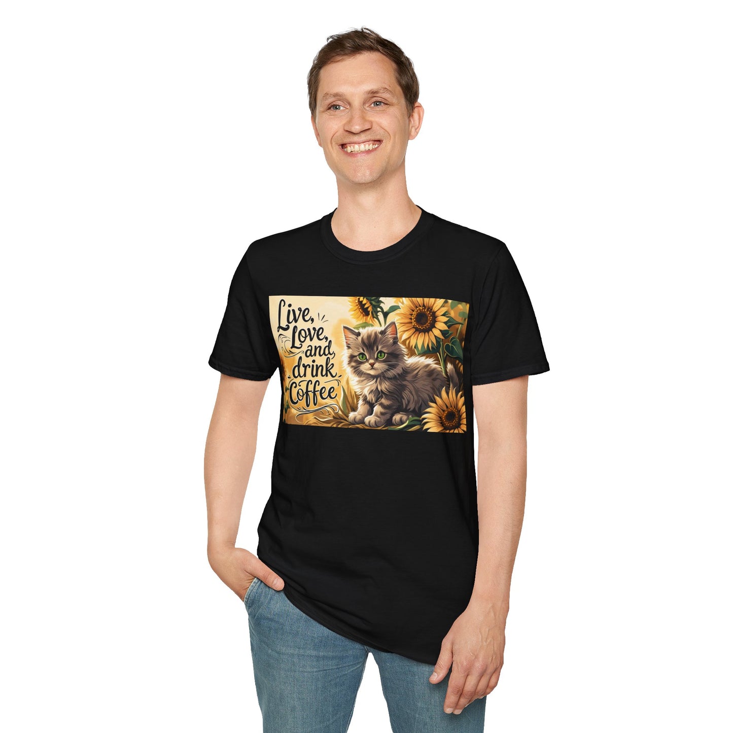 Cute Cat Coffee Lover T-Shirt, Live Love Drink Coffee Shirt, Pet Lover Tee, Gift for Cat Moms, Vintage Style Coffee T-Shirt