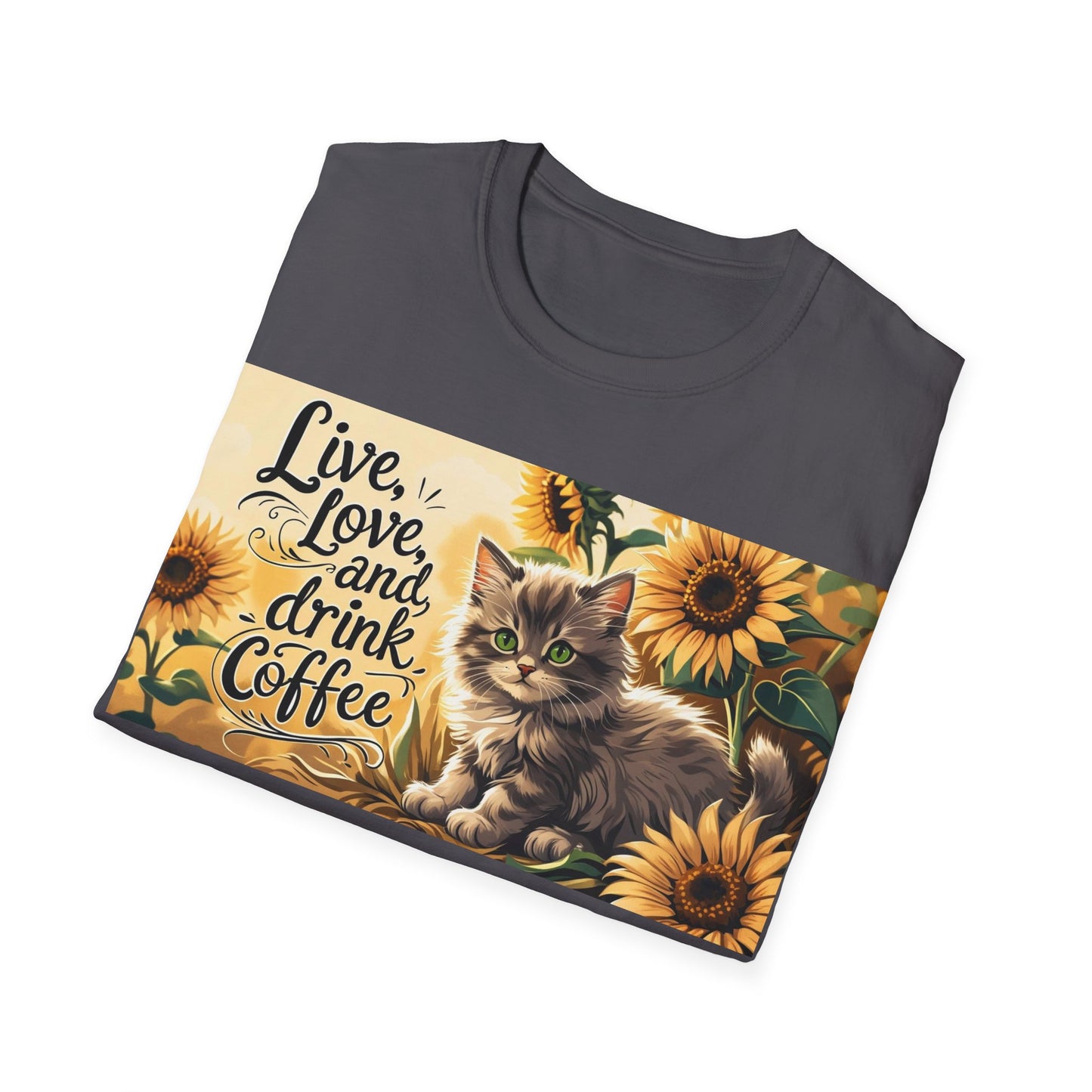 Cute Cat Coffee Lover T-Shirt, Live Love Drink Coffee Shirt, Pet Lover Tee, Gift for Cat Moms, Vintage Style Coffee T-Shirt