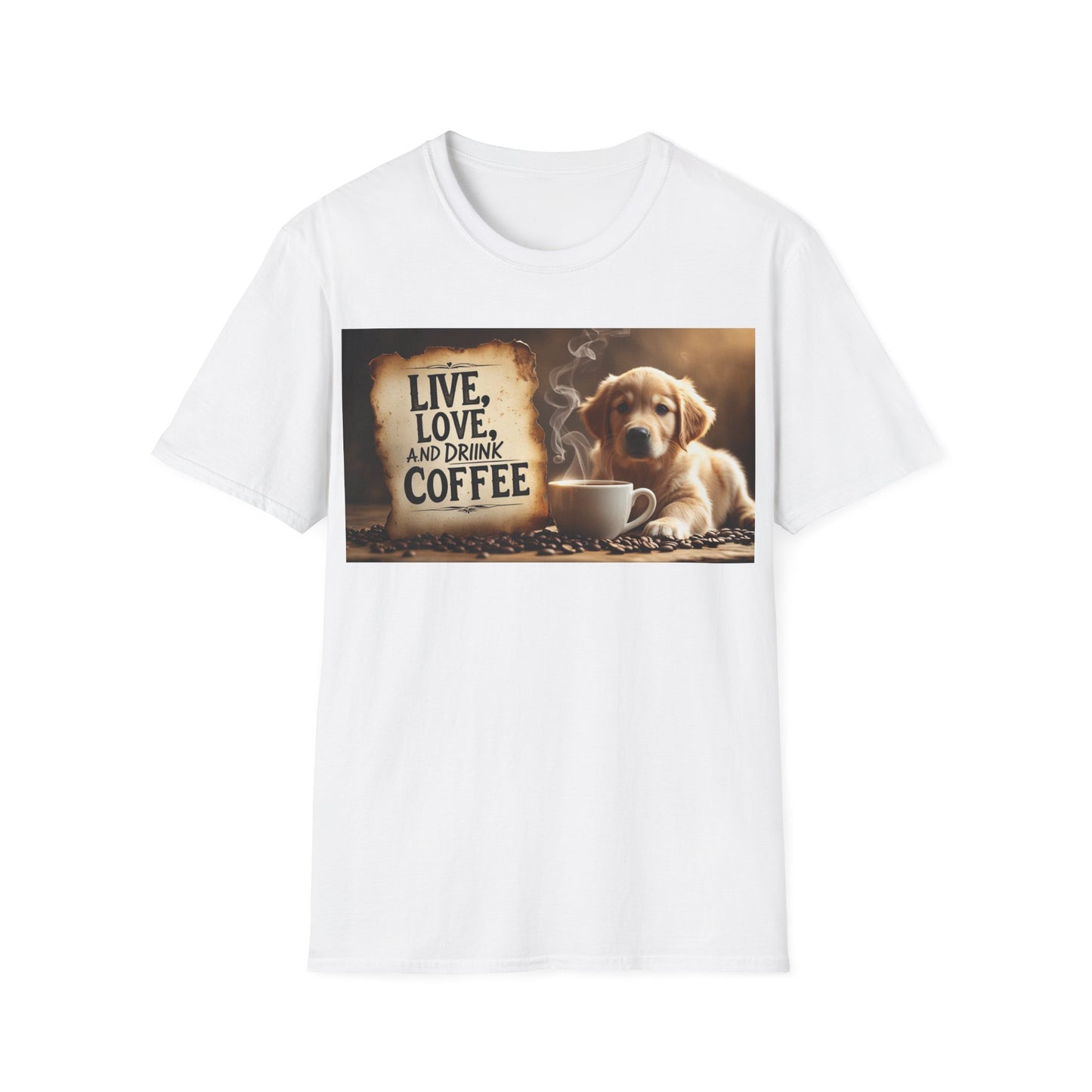 Coffee Lover's Unisex T-Shirt - Live, Love, Drink Coffee tee, Gift for Coffee Enthusiasts, Dog Lovers Apparel, Cute Animal Shirt