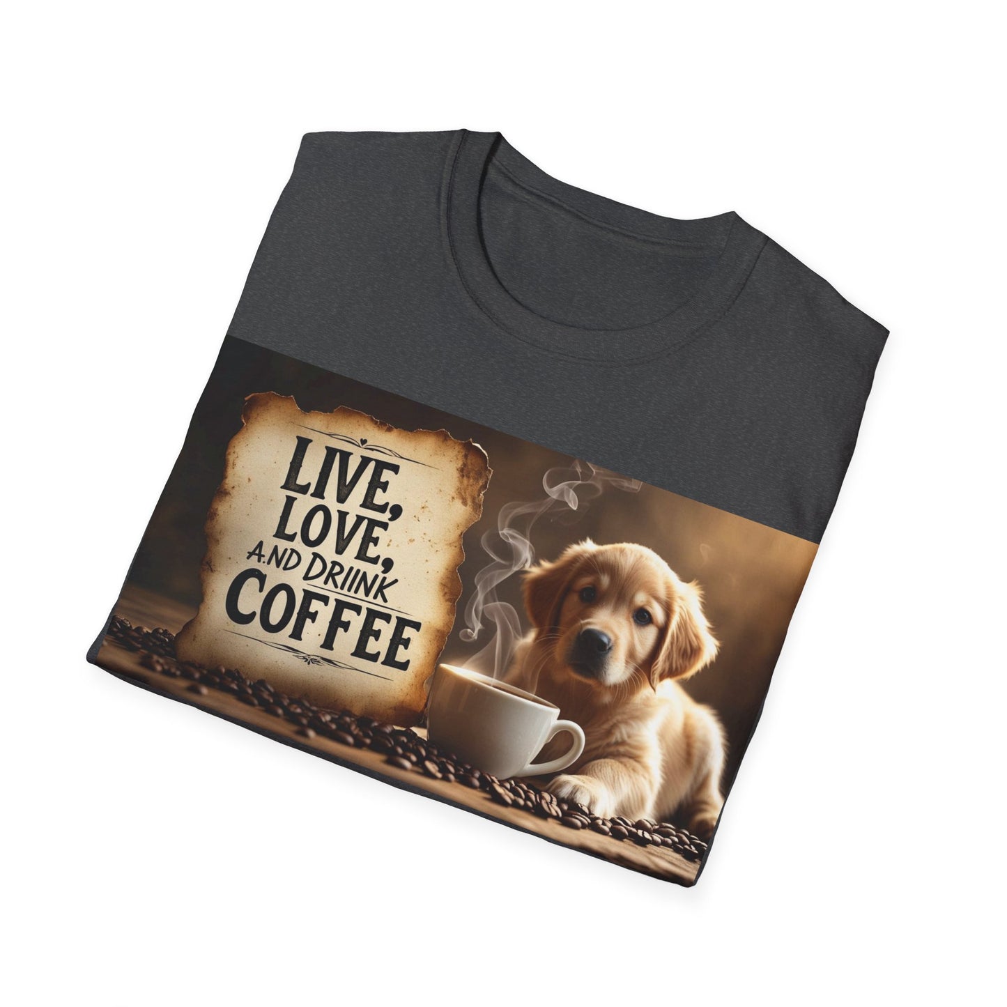 Coffee Lover's Unisex T-Shirt - Live, Love, Drink Coffee tee, Gift for Coffee Enthusiasts, Dog Lovers Apparel, Cute Animal Shirt