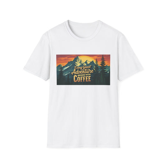 Unisex Softstyle T-Shirt for Coffee and Adventure Lovers