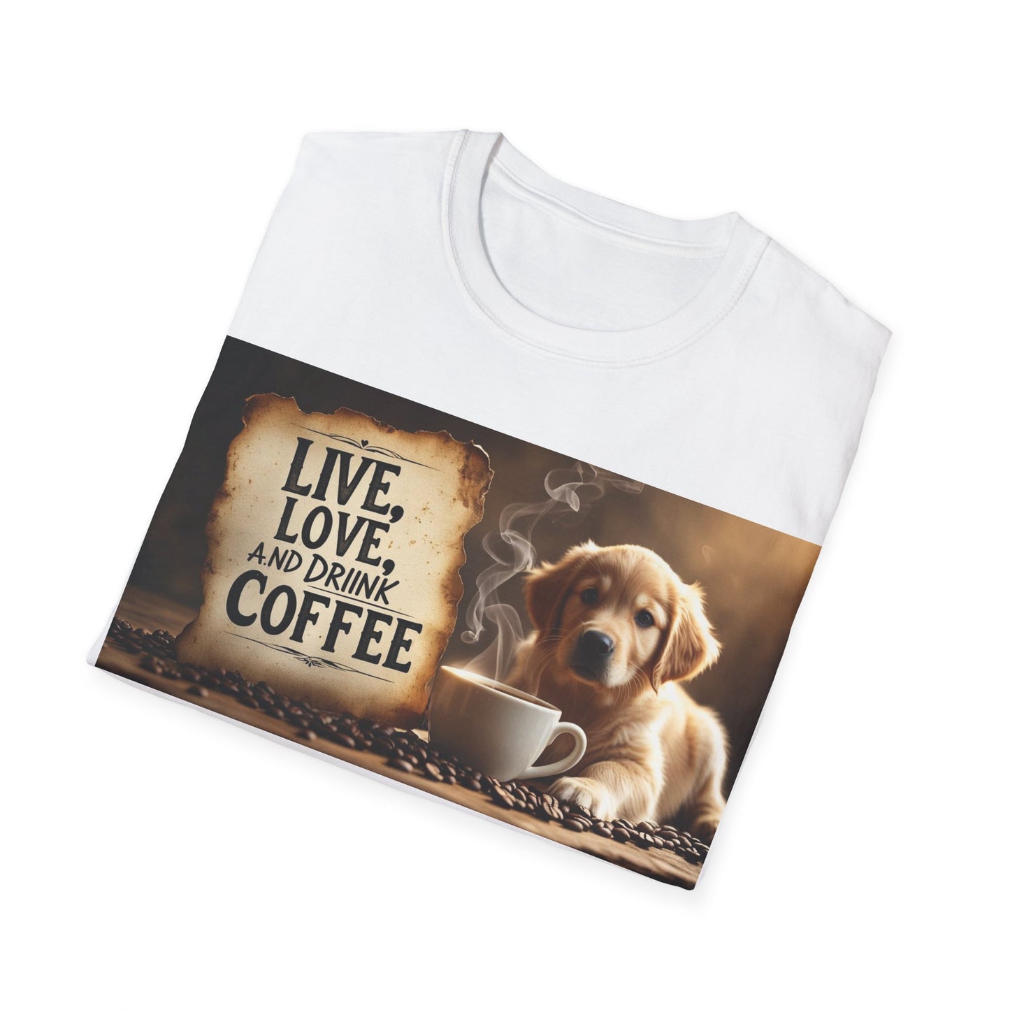 Coffee Lover's Unisex T-Shirt - Live, Love, Drink Coffee tee, Gift for Coffee Enthusiasts, Dog Lovers Apparel, Cute Animal Shirt