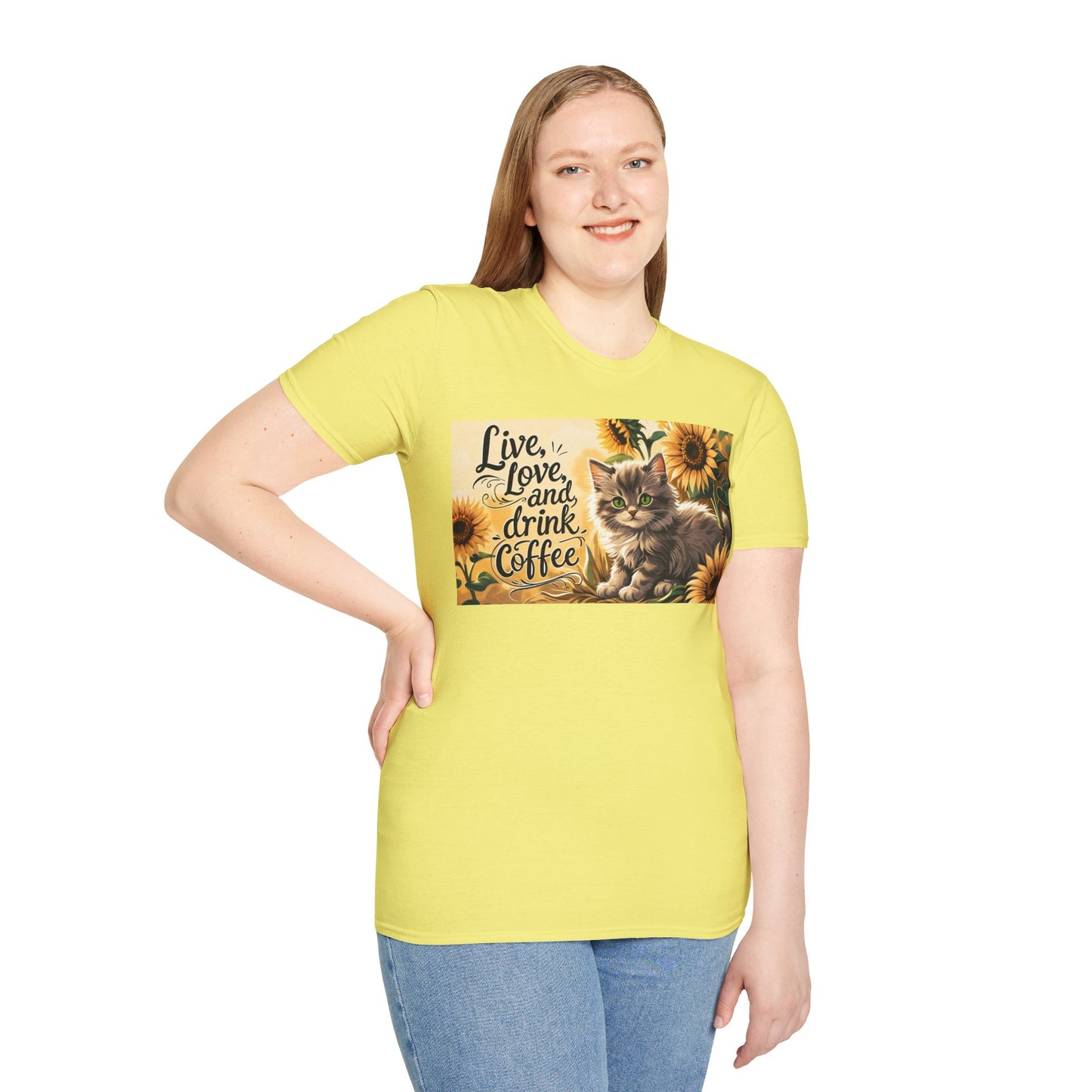 Cute Cat Coffee Lover T-Shirt, Live Love Drink Coffee Shirt, Pet Lover Tee, Gift for Cat Moms, Vintage Style Coffee T-Shirt