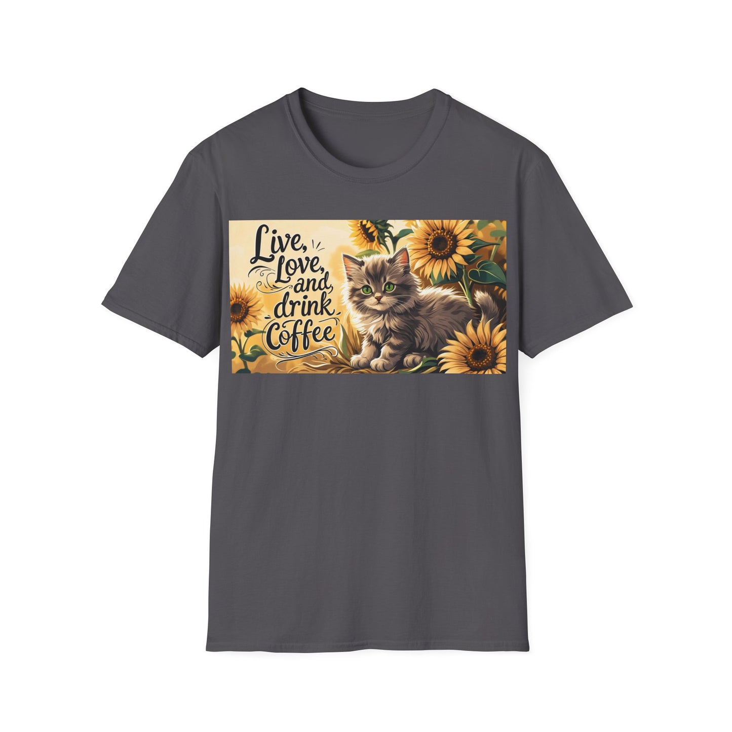 Cute Cat Coffee Lover T-Shirt, Live Love Drink Coffee Shirt, Pet Lover Tee, Gift for Cat Moms, Vintage Style Coffee T-Shirt