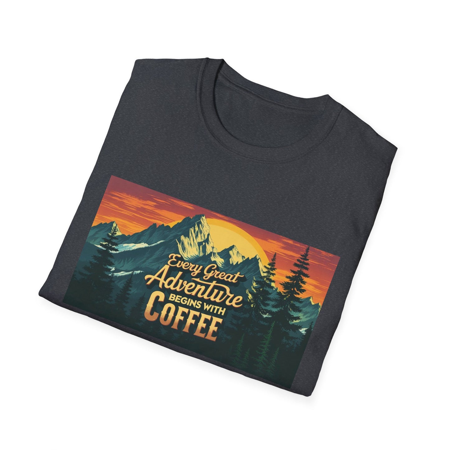 Unisex Softstyle T-Shirt for Coffee and Adventure Lovers
